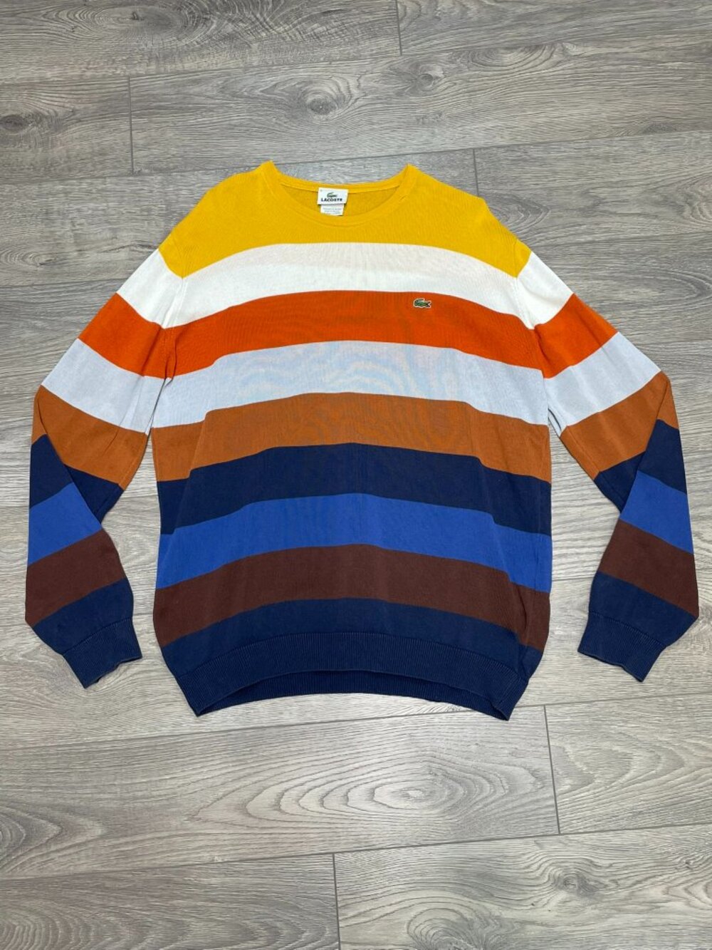 Vintage Lacoste Striped Knit Sweater Made In France Cotton Crewneck Size Large